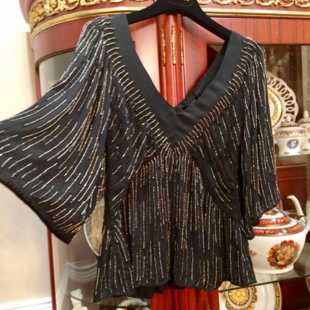 Love Sam Beaded ruched Black Butterfly Sleeve V-Neck Blouse Sz.XS